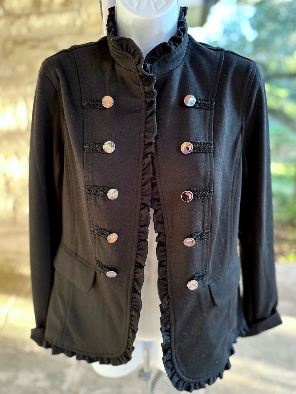 Kasper Black Ruffle-Trim Military-Style Button Jacket